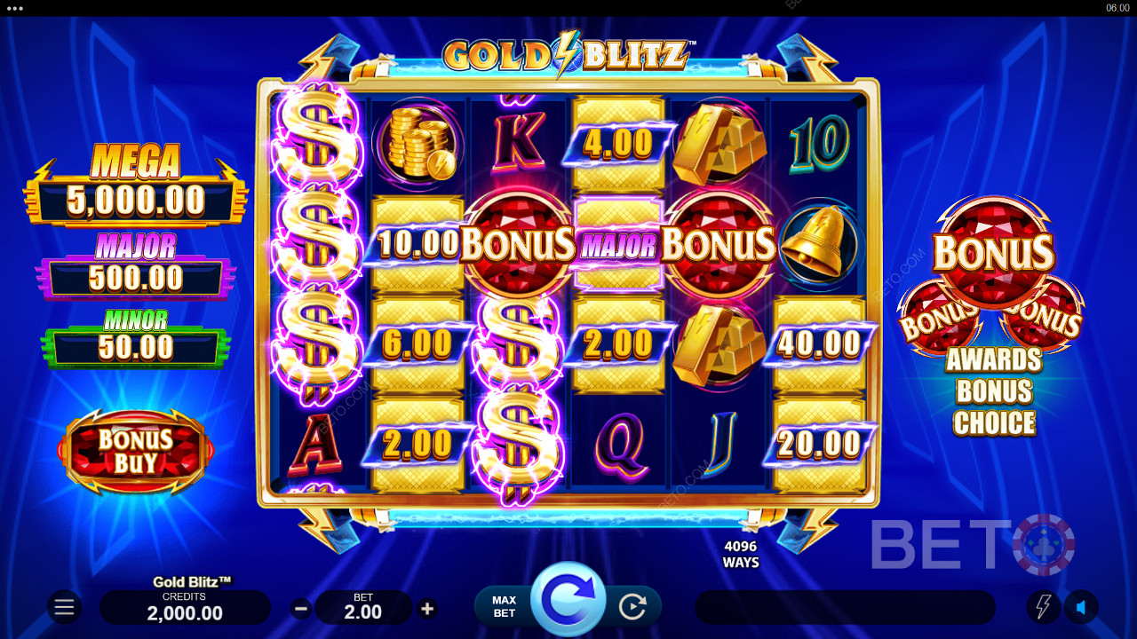 Du kan vinna ett jackpottpris på alla snurr i grundspelet i Gold Blitz-sloten