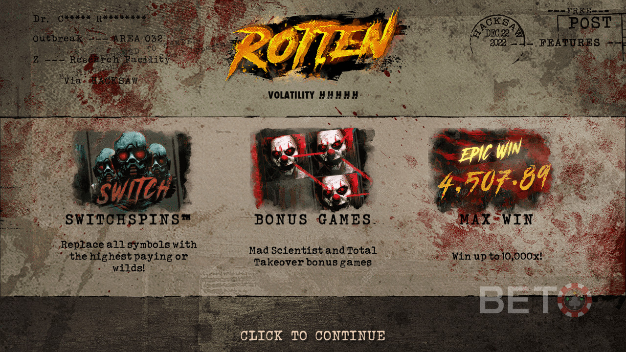 Njut av SwitchSpins, gratissnurr och mycket mer i Rotten slot från Hacksaw Gaming