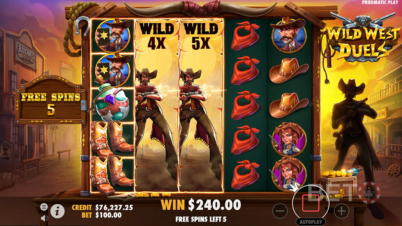 Expanding Wilds med multiplikatorer visas i Duel Free Spins i Wild West spelautomat