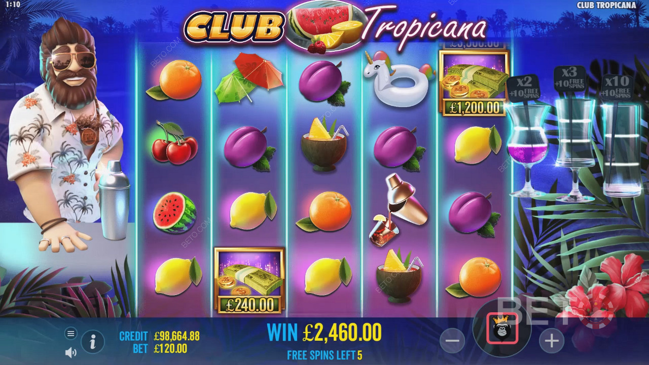 Få möjlighet att samla pengarsymbolerna i gratissnurren i Club Tropicana slot