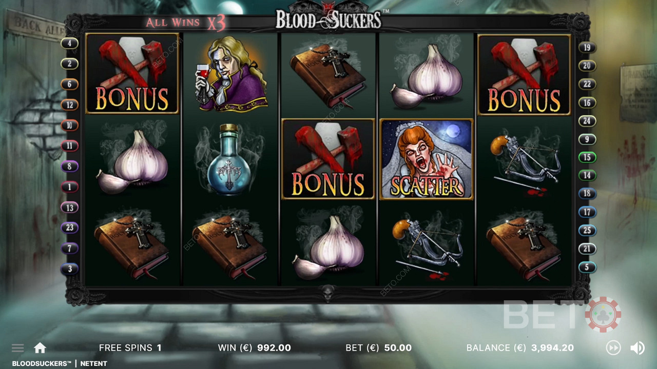 3 bonussymboler på rätt positioner utlöser bonusspelet i Blood Suckers-spelautomaten