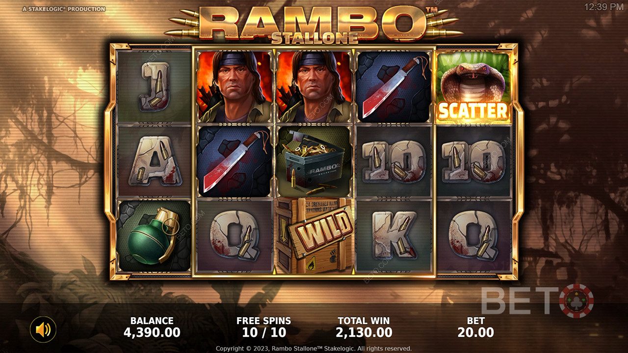 Njut av fantastiska bonusfunktioner och ett exceptionellt tema i Rambo online slot