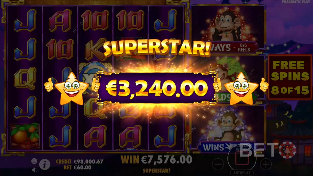 Vinn 12 077 gånger din insats i 3 Dancing Monkeys Online Slot!