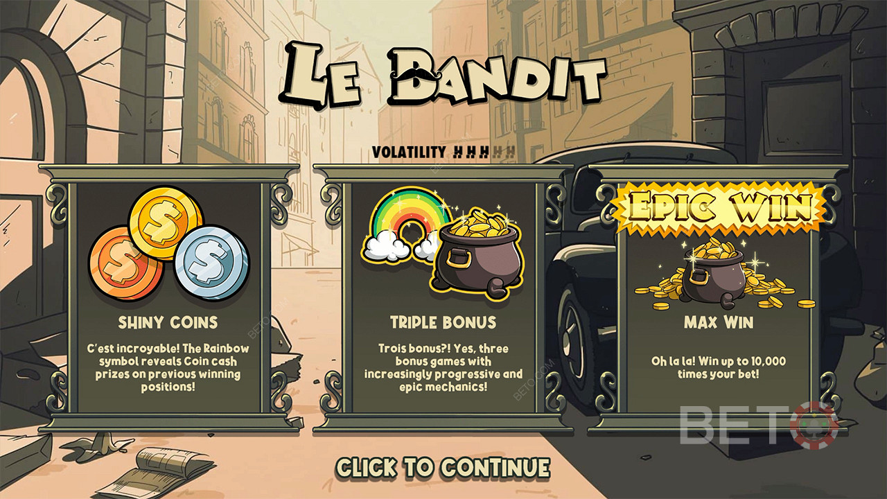 Tre bonusar och kontantpriser hjälper dig att vinna 10 000 gånger din insats i Le Bandit-sloten