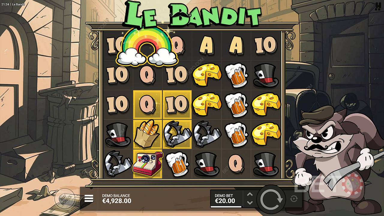 Regnbågssymbolen aktiverar alla gyllene rutor i Le Bandit-spelautomaten