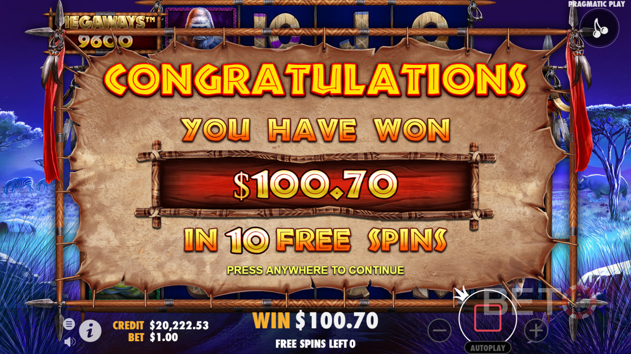 Du kan vinna stora vinster i Free Spins i online-spelautomaten Great Rhino Megaways.