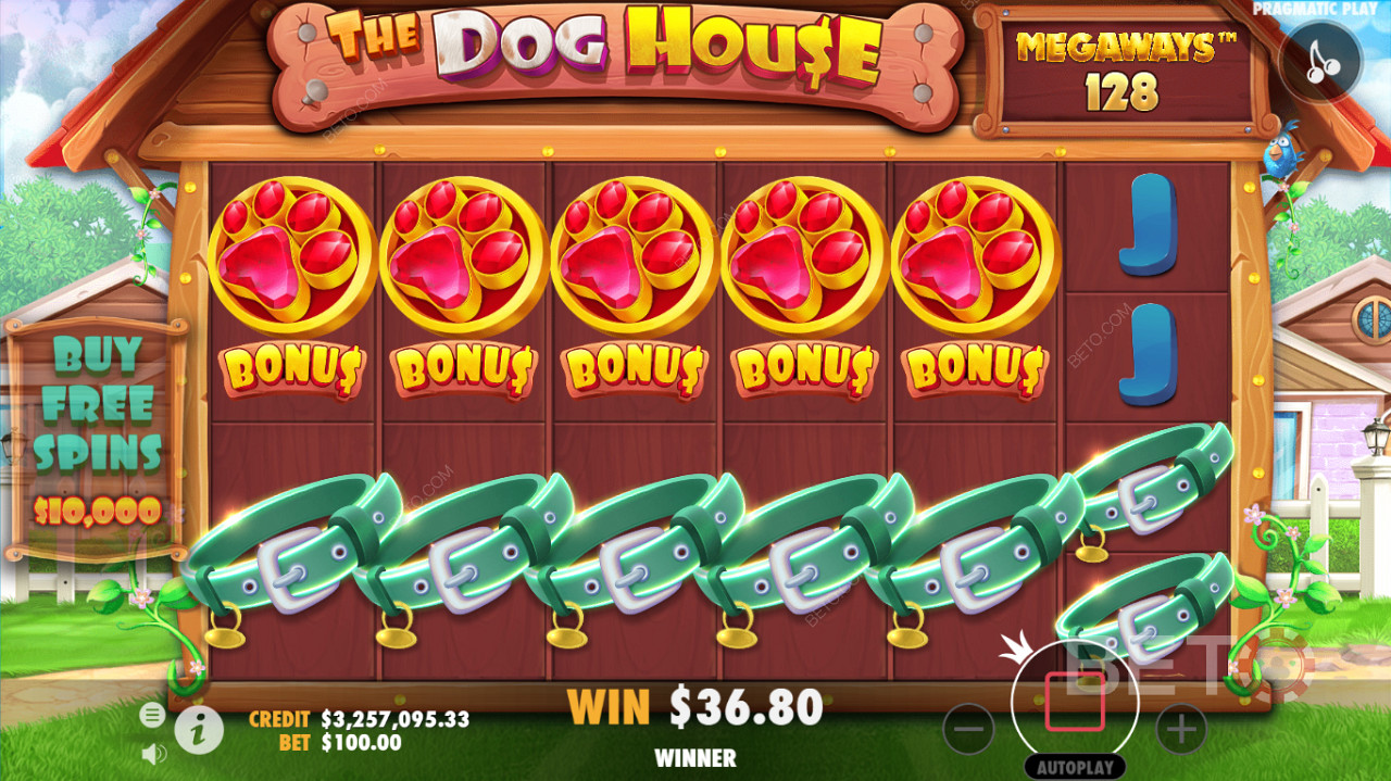 Ett detaljerat spelgränssnitt för The Dog House Megaways casinoslots