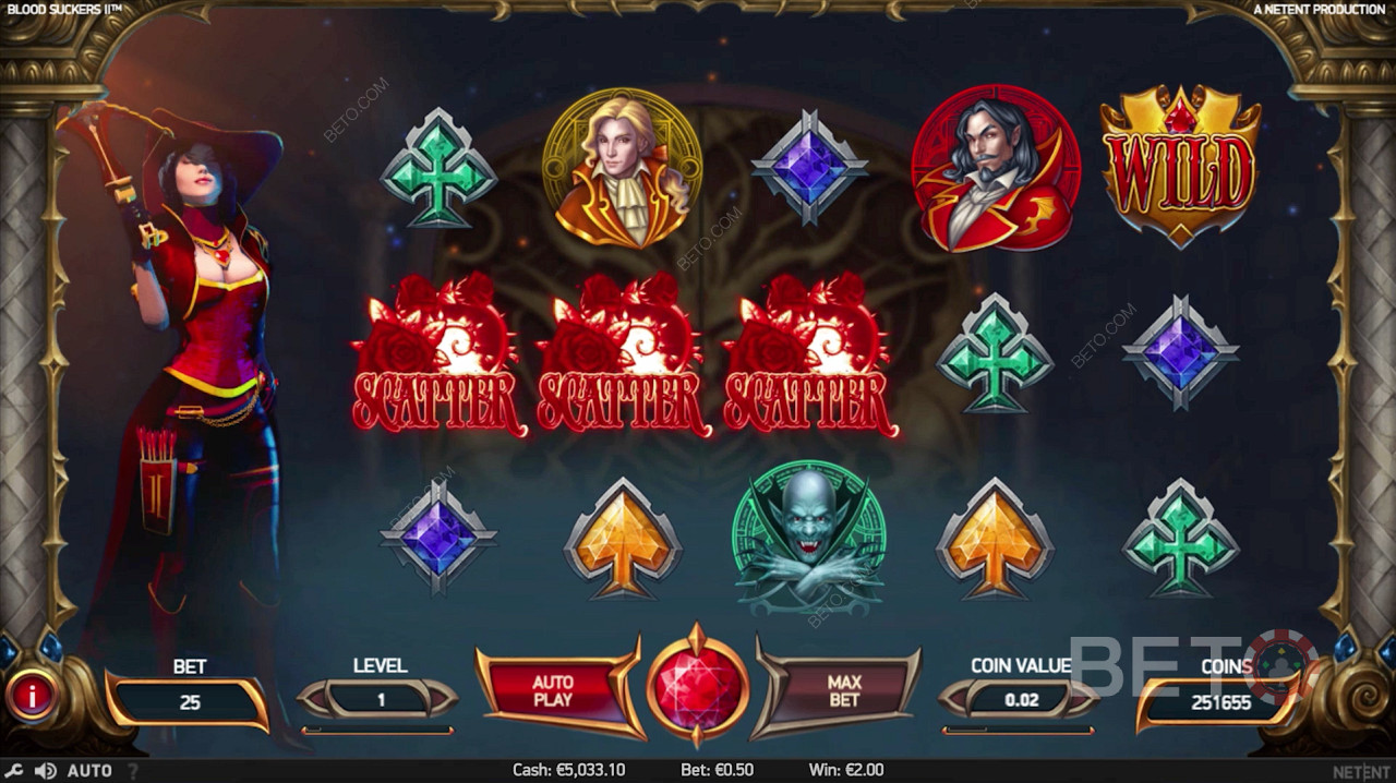 3 Scatter-symboler utlöser bonusrundan i Blood Suckers 2.