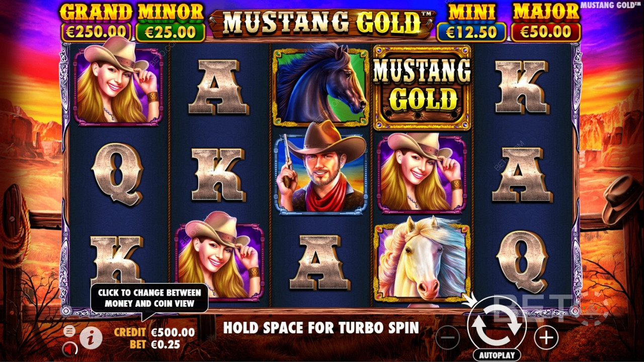 Wild-symbolen är spelets logotyp i Mustang Gold Online Slot