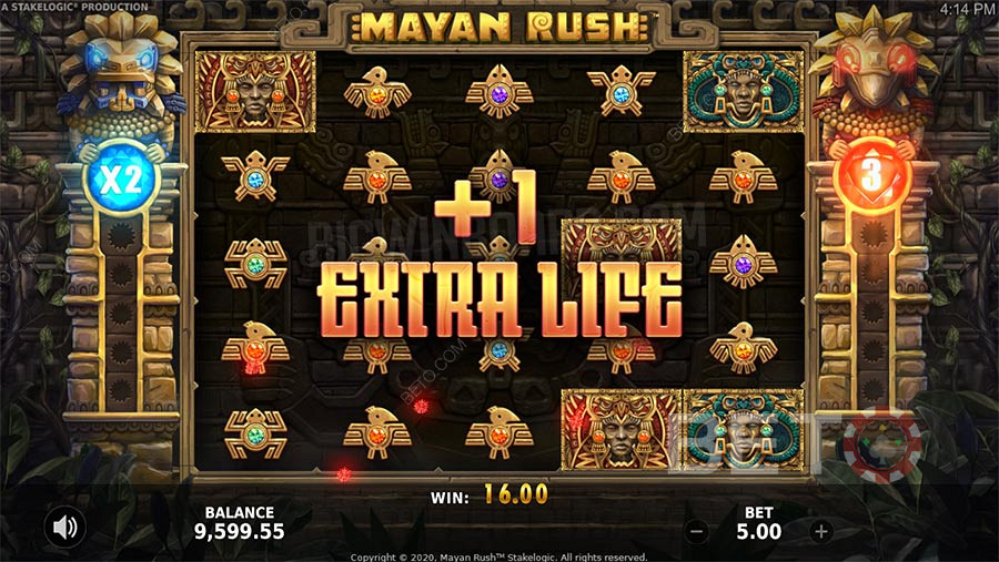 Mayan Rush-bonusfunktionerna inkluderar Free Spins, en multiplikator och en gamble-funktion.