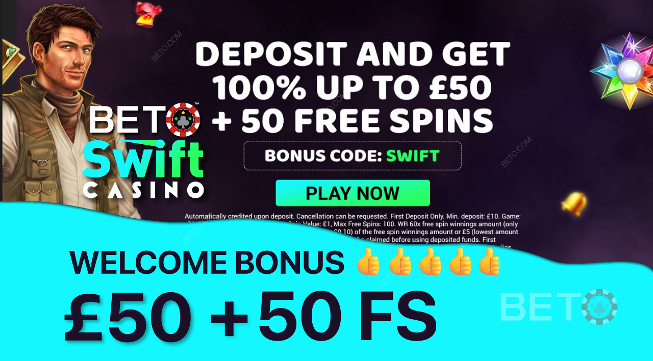Få en 100% bonus på upp till £ 50 och 50 gratissnurr som välkomstbonus