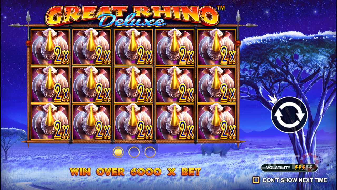Vinn 6 242 gånger din insats i Great Rhino Deluxe Slot!