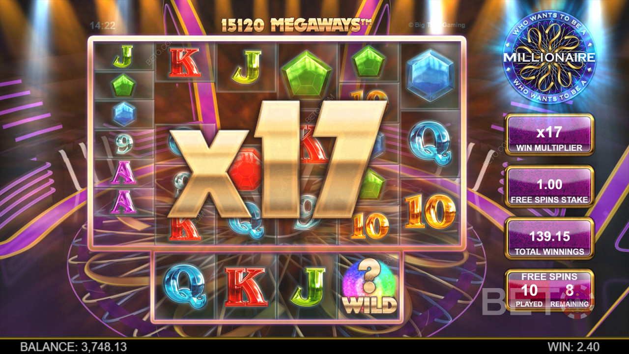En multiplikator lägger till dina vinster för varje kaskadvinst i Who Wants to Be a Millionaire Megaways.