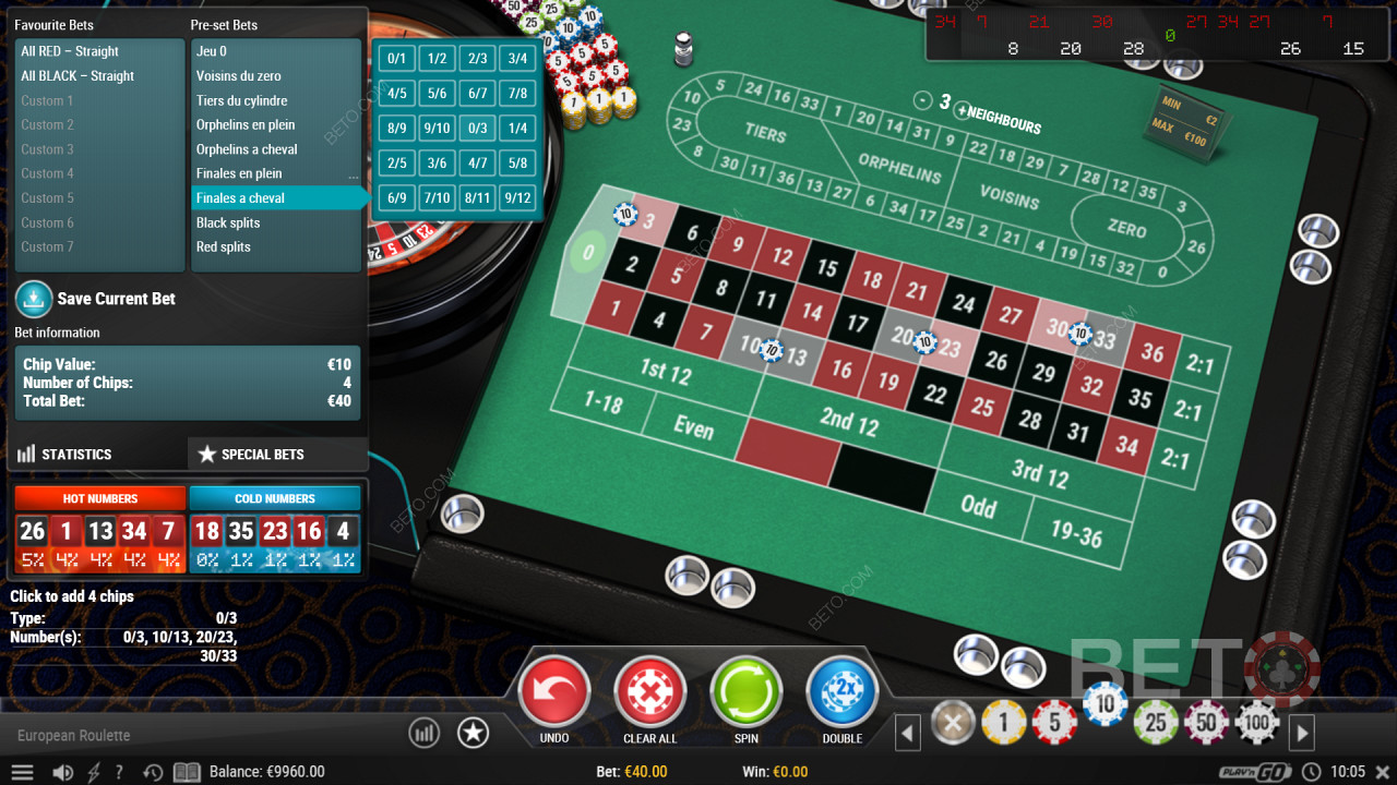 Särskilda satsningsalternativ i European Roulette Pro Casino Game