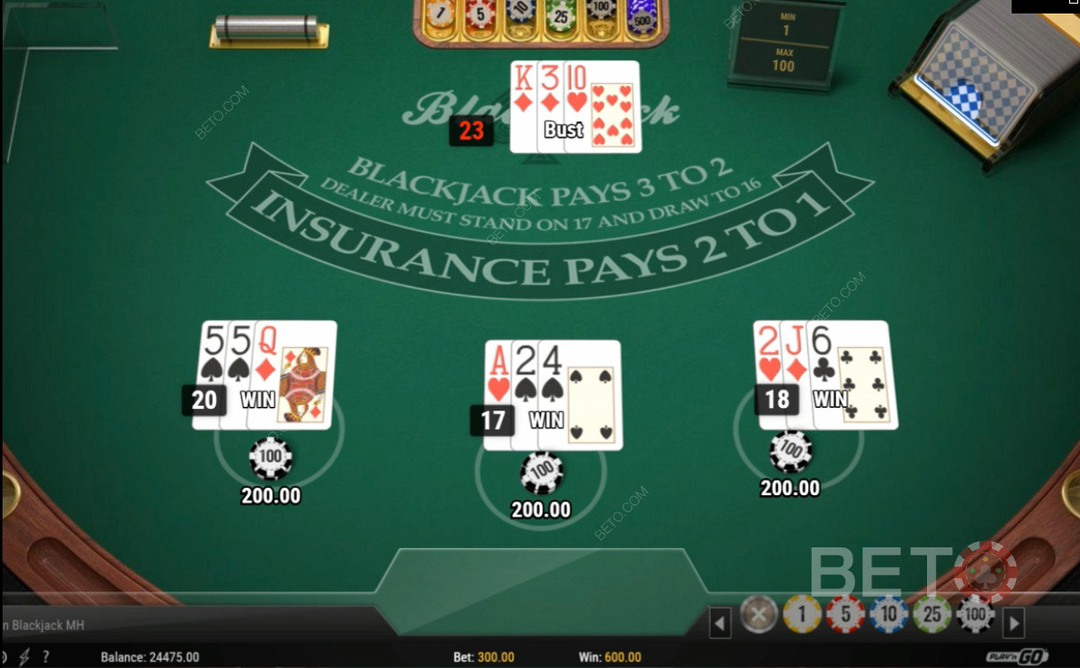 Spela tre händer i European Blackjack Multi-Hand Card Game