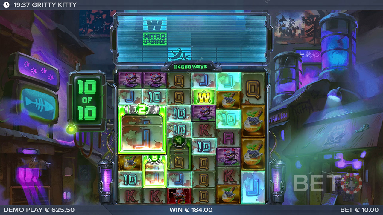Vinn 25 000 gånger din insats i spelautomaten Gritty Kitty of Nitropolis!