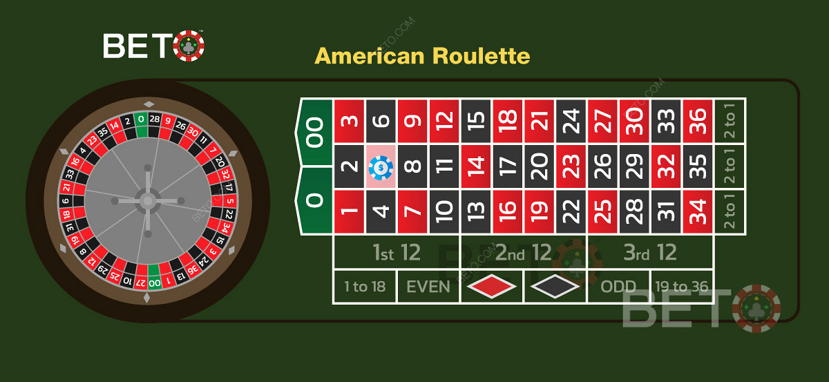 Satsningssystem och satsningsalternativ från europeisk roulette kan användas i amerikanska spel.