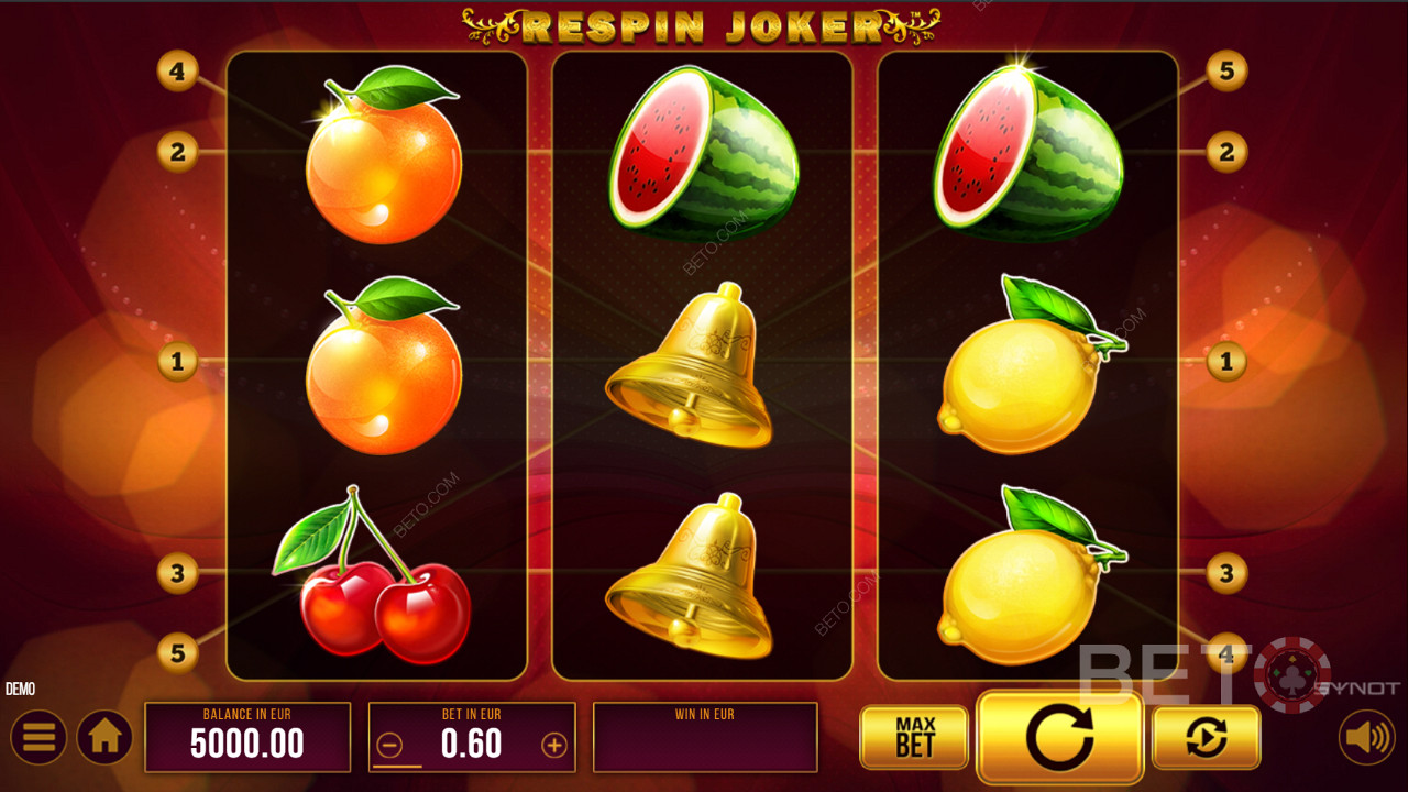 Njut av en klassisk design i spelautomaten Respin Joker Free från SYNOT Games.