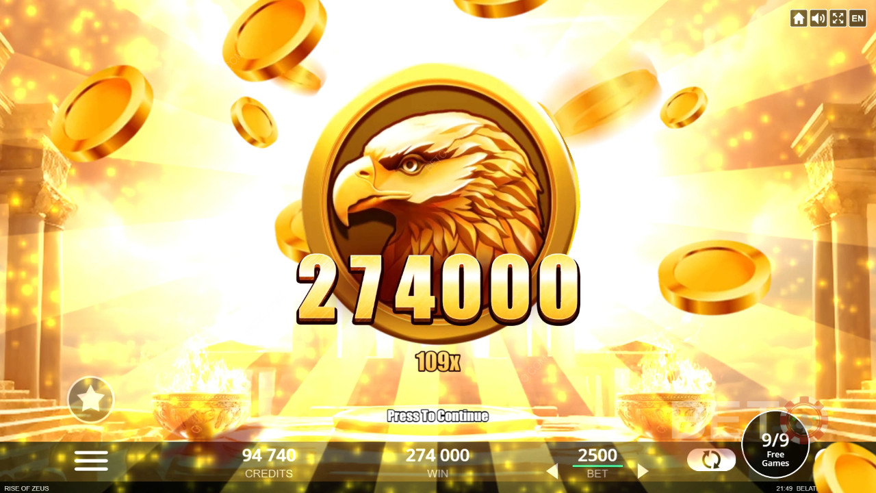 Vinn 10 000 gånger din insats i Rise of Zeus Slot Online!