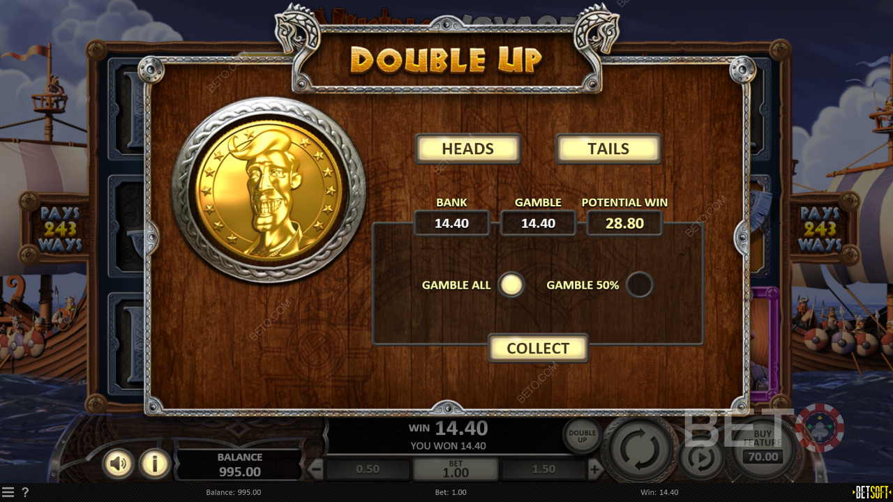 Prova Double Up-funktionen för att fördubbla dina vinster i spelautomaten Viking Voyage.