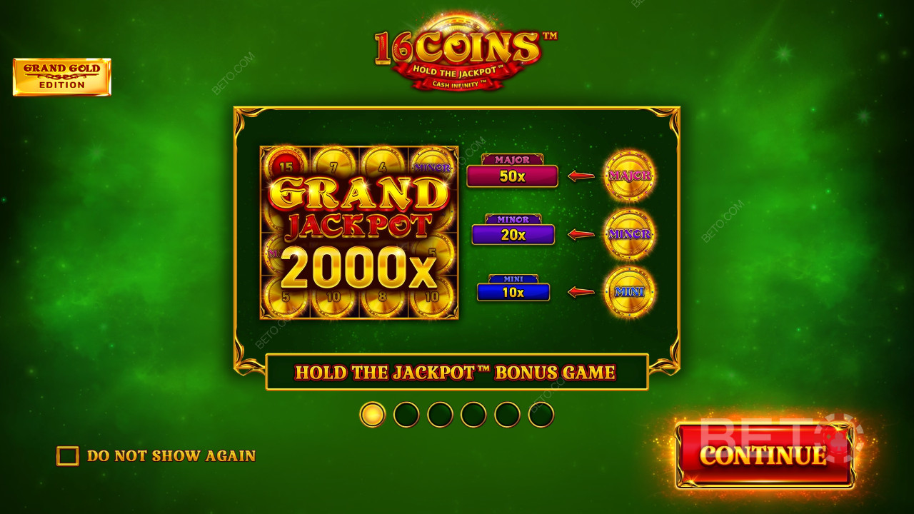Vinn 2 000 gånger din insats i 16 Coins Grand Gold Edition-spelautomaten online!