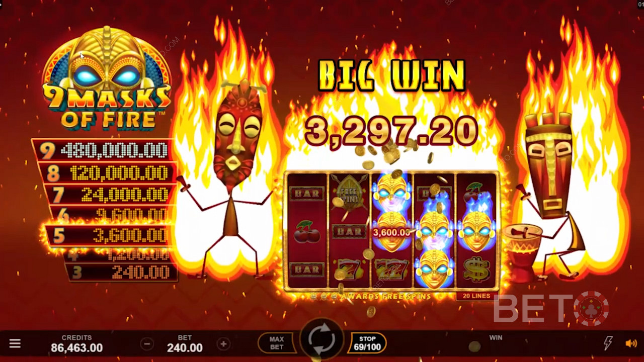 Känn värmen i slotspelet med 9 masks of Fire - det kan ge dig generösa belopp.