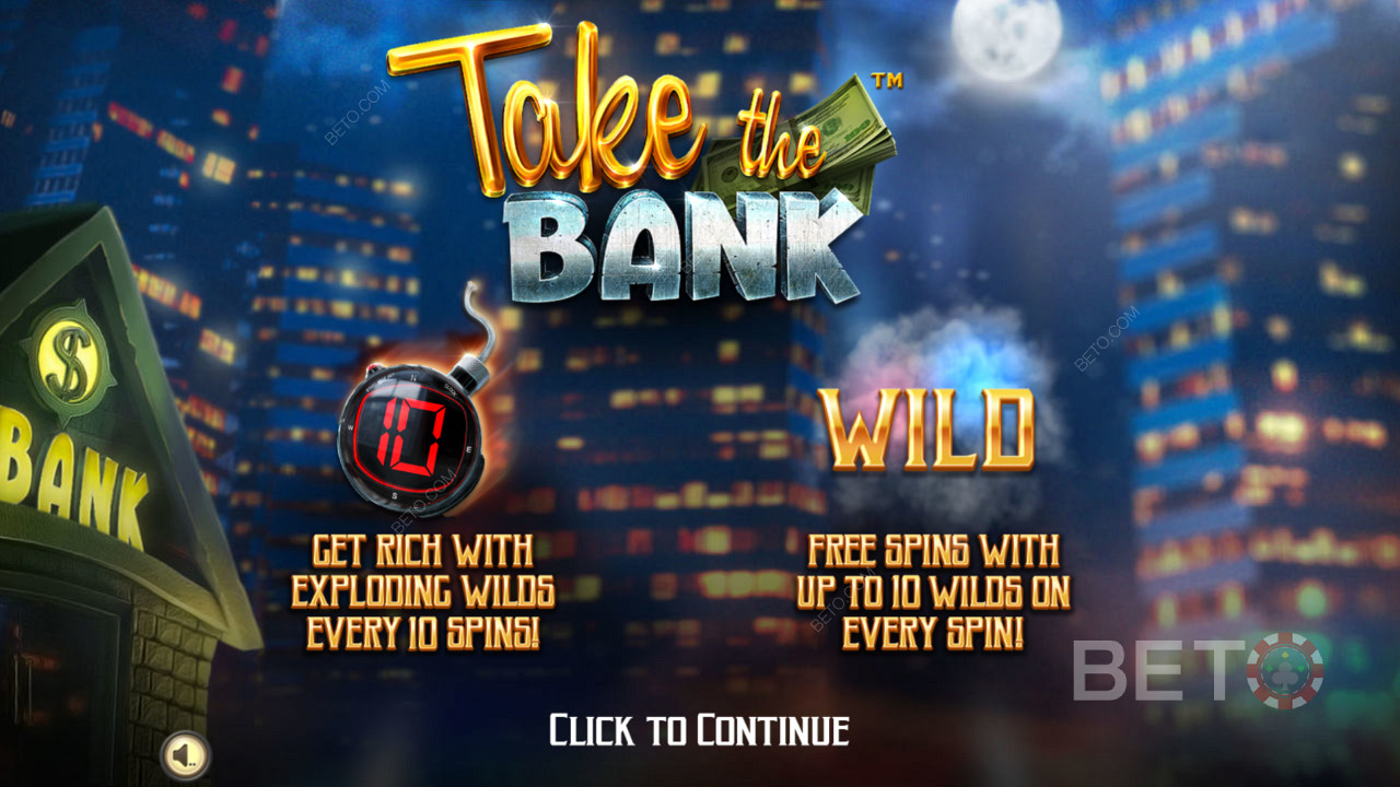 Introskärm i Take The Bank - Get Rich med exploderande Wilds