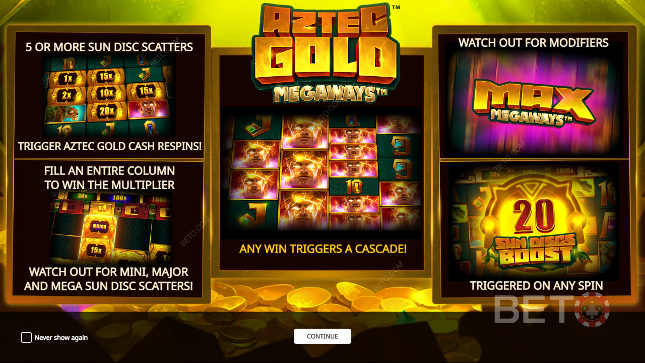 Njut av flera kraftfulla bonusfunktioner i spelautomaten Aztec Gold Megaways.