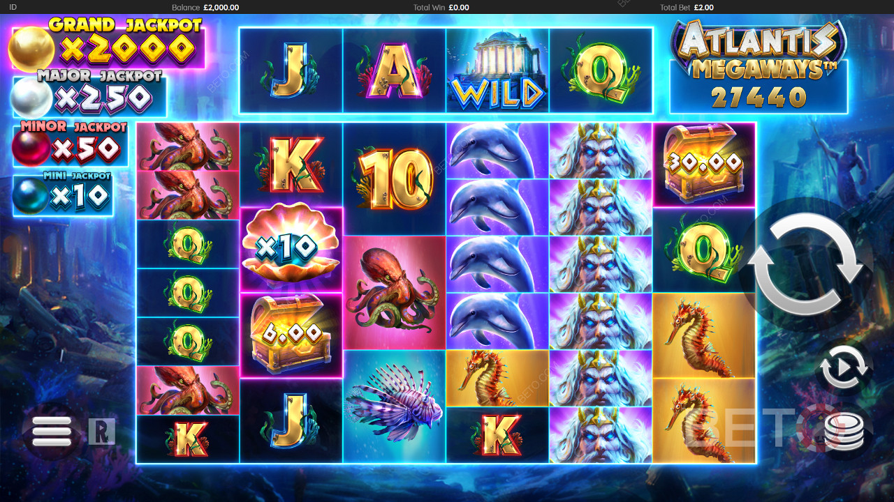 Njut av ett färgstarkt spel med kraftfulla funktioner i spelautomaten Atlantis Megaways.