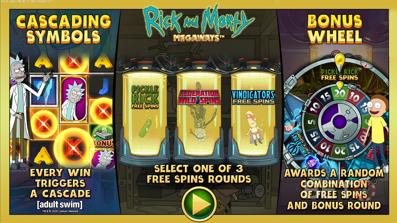 Njut av tre olika typer av gratissnurr i spelautomaten Rick and Morty Megaways