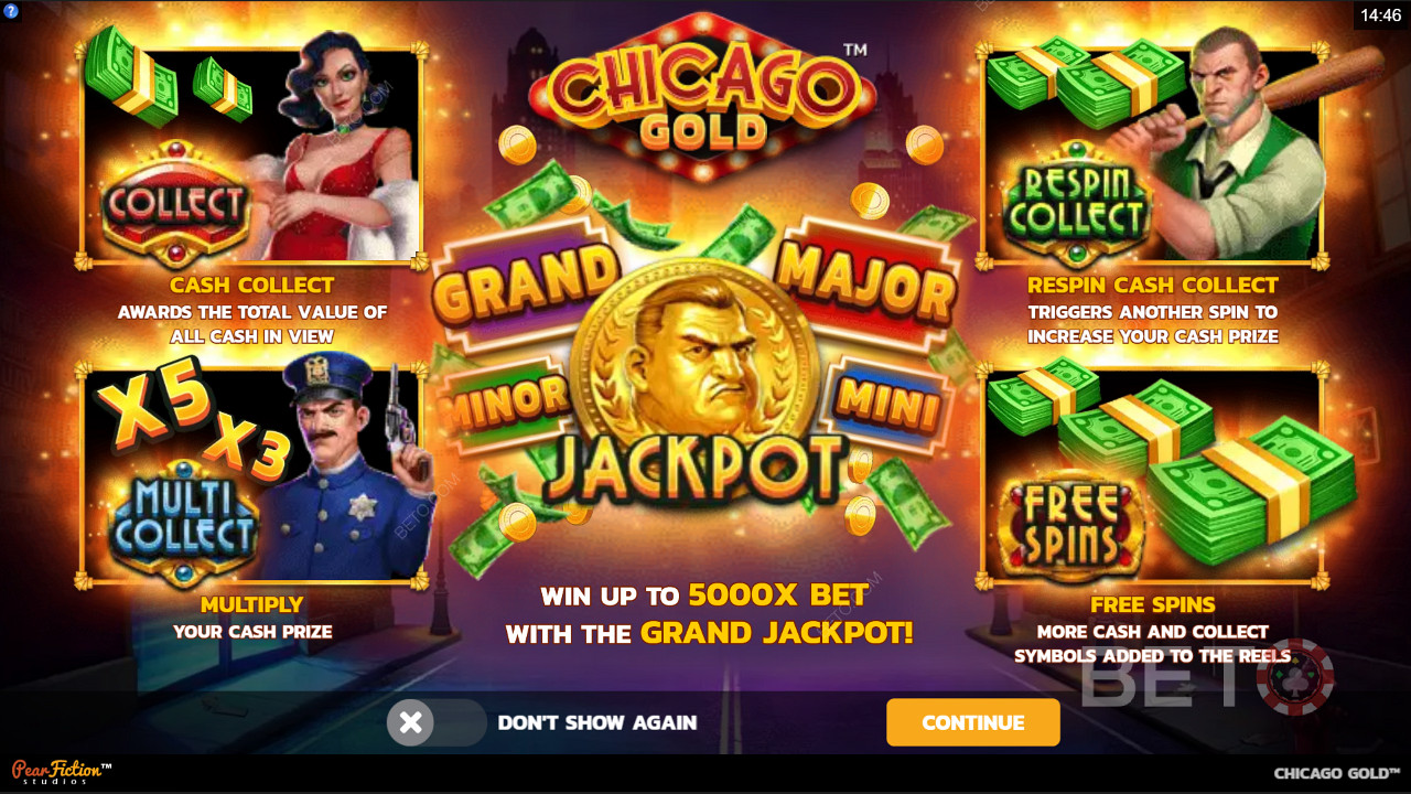 Njut av Collect-funktioner, jackpottar och free spins i spelautomaten Chicago Gold.