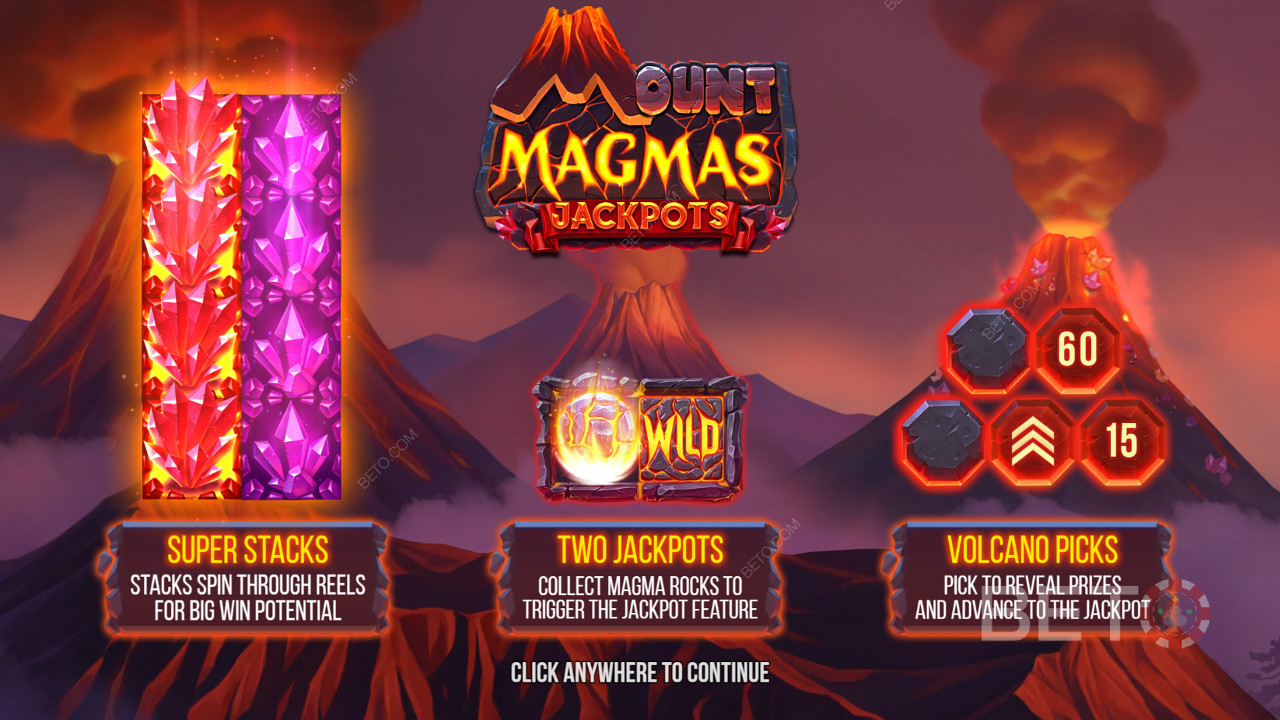 Njut av Super Stacks, 2 jackpots och en vulkanbonus i Mount Magmas slot.