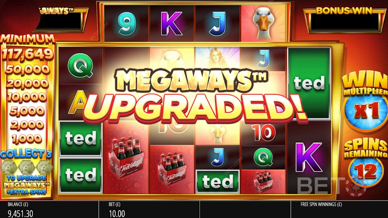 Uppgradera Megaways genom att samla 3 Super Ted-symboler under free spins.
