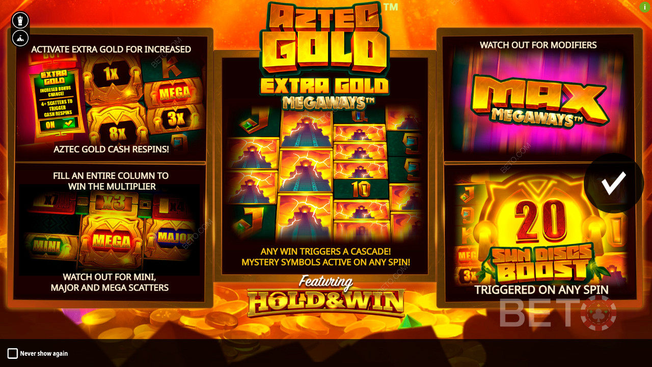 Njut av flera bonusfunktioner i Aztec Gold Extra Gold Megaways slot