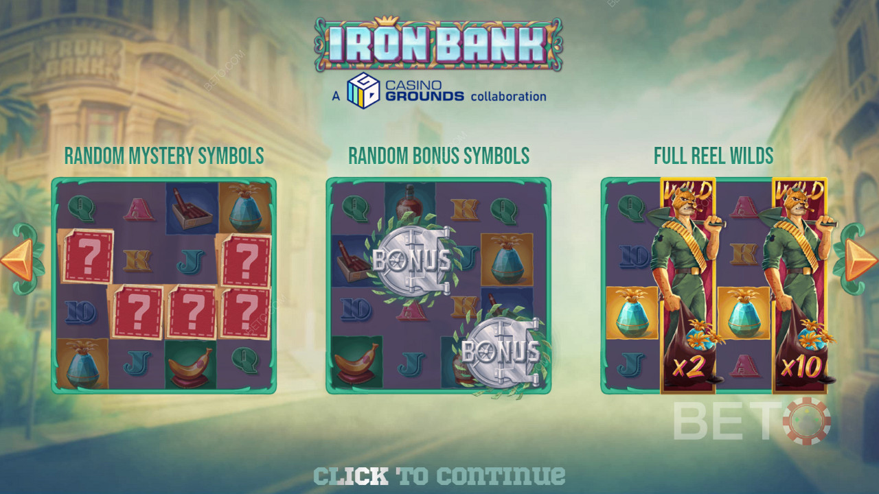 Njut av kraftfulla funktioner i grundspelet i Iron Bank spelautomat.