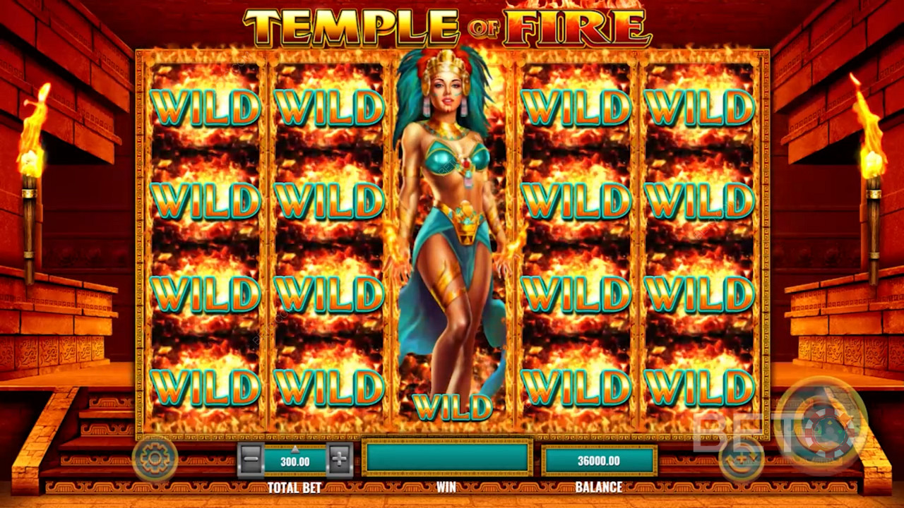 En storm av Wilds utlöser Free Spins med den vackra aztekiska gudinnan - Temple of Fire
