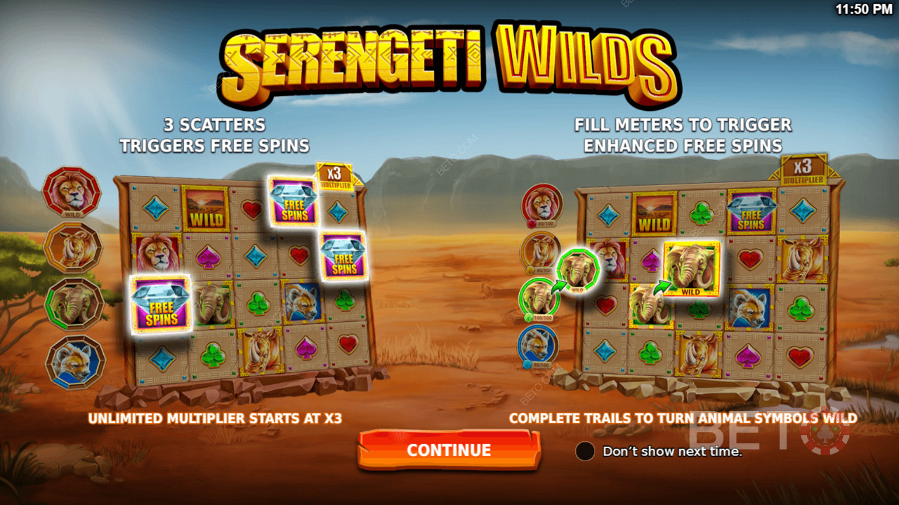 Njut av kraftfulla funktioner som Free Spins och Enhanced Free Spins i Serengeti Wilds slot.