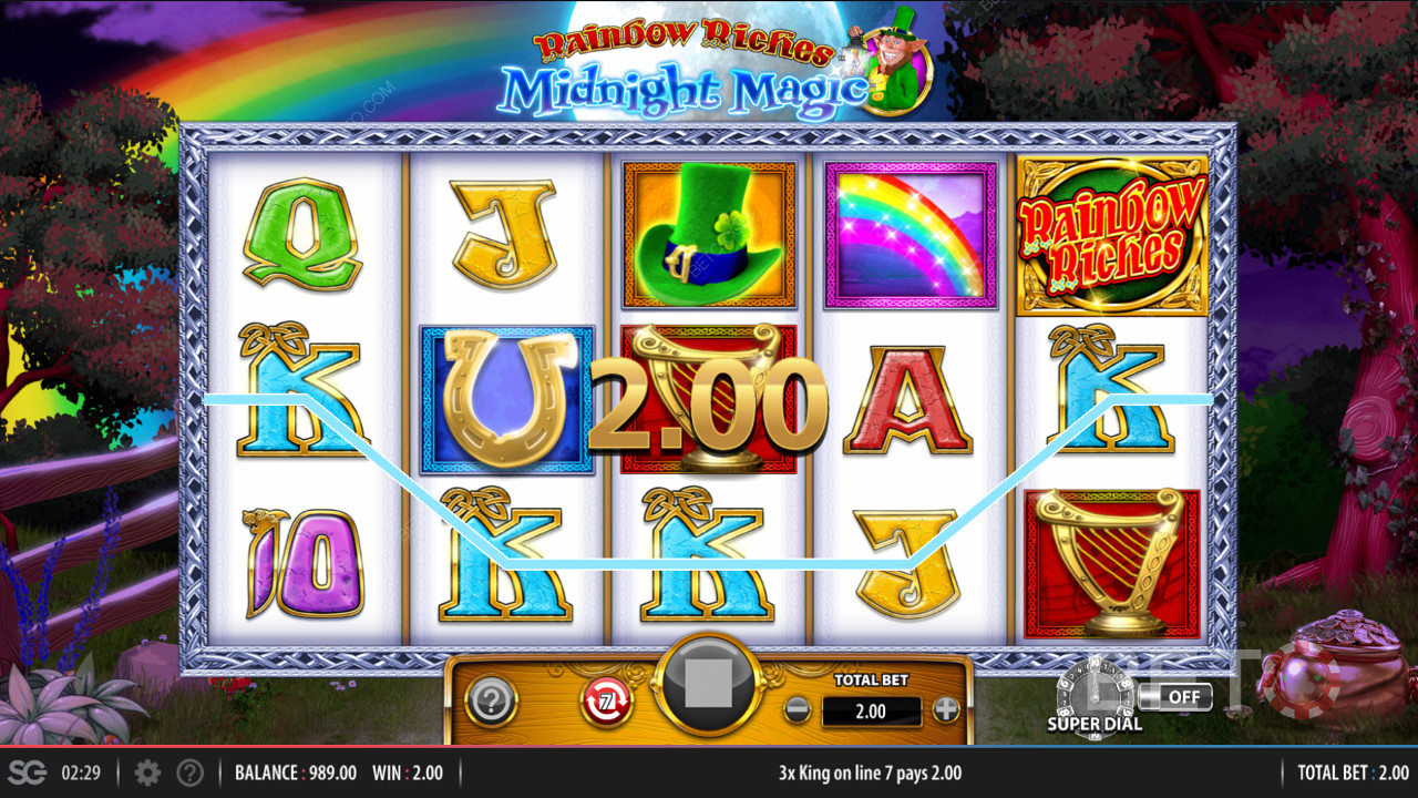 10 olika aktiva vinstlinjer i Rainbow Riches Midnight Magic slot