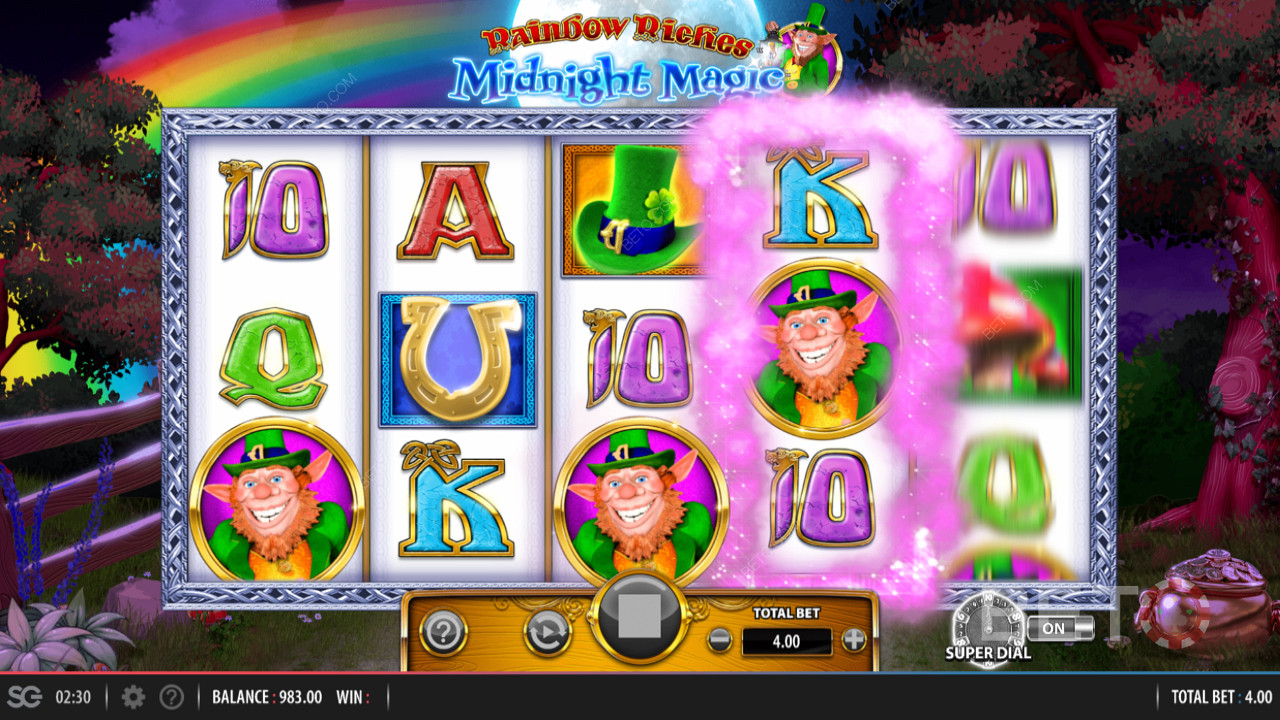 Rainbow Riches Midnight Magic från Barcrest med funktioner som inkluderar en Super Dial-bonus.