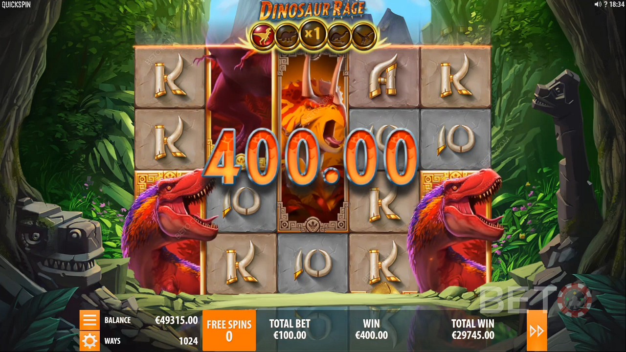 Få en vinst värd 400 mynt i Dinosaur Rage Slot Machine.