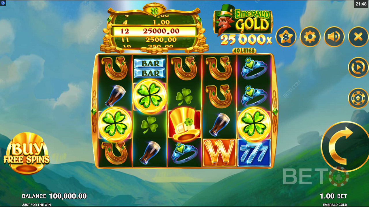 Köp Free Spins i Emerald Gold online slot från Just For The Win