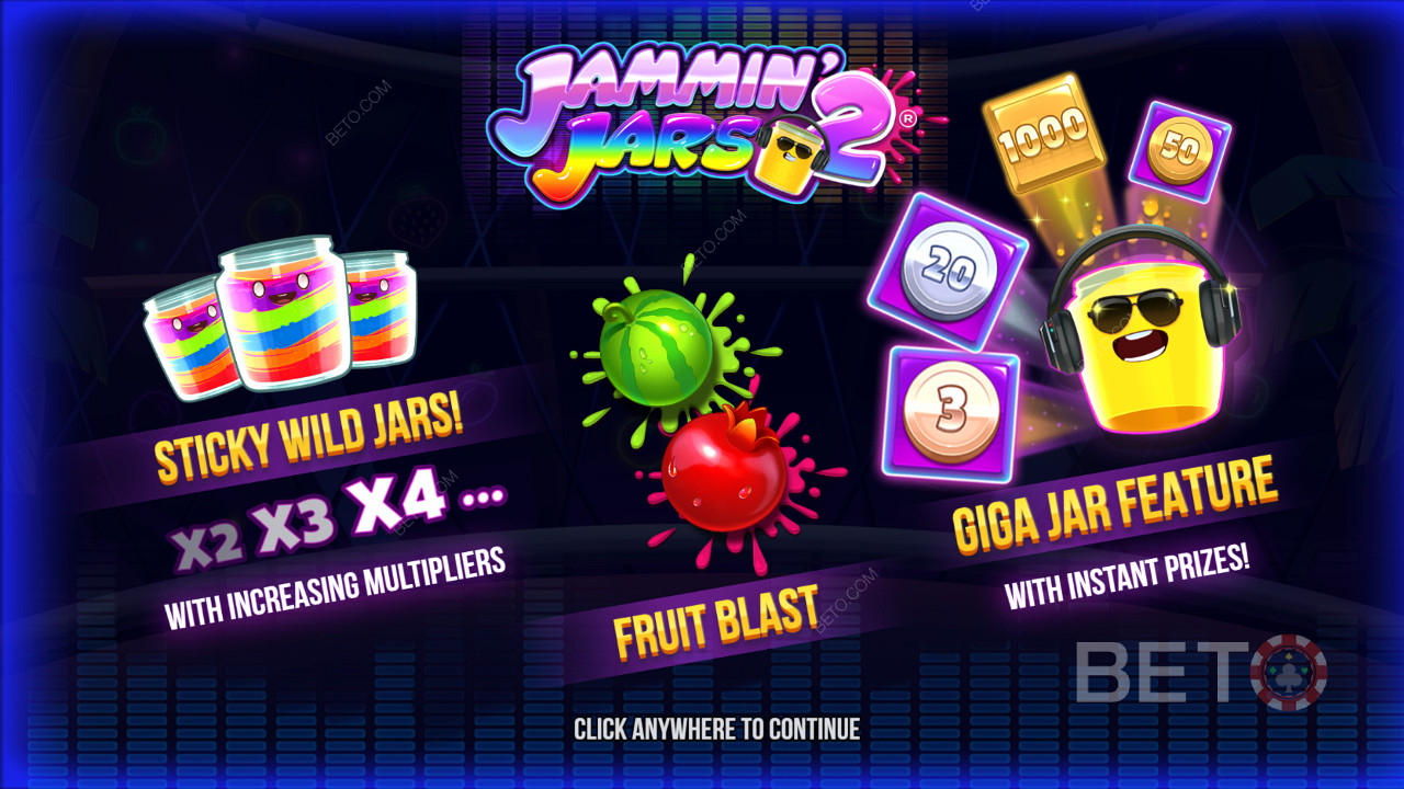 Njut av sticky Wilds, Fruit Blast-funktionen och Giga Jar Spins i Jammin Jars 2 slot.