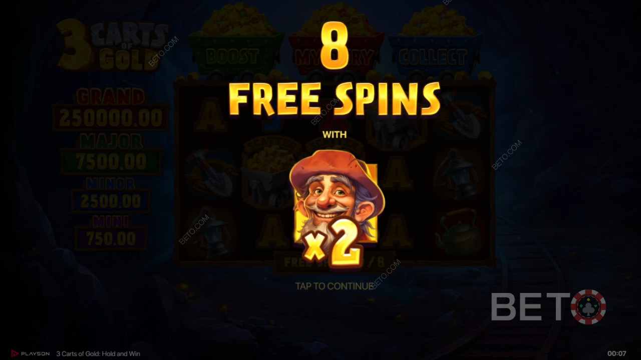 Vinn 5 000 gånger din insats i 3 Carts of Gold: Hold and Win Slot!