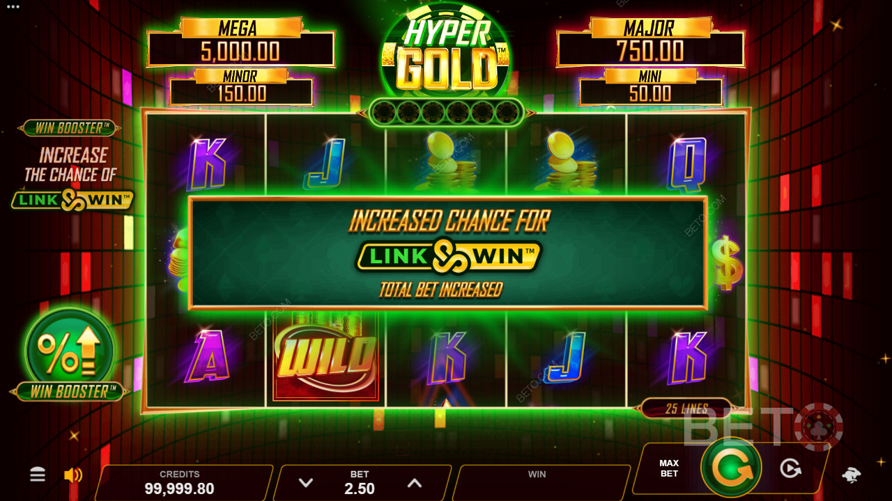 Hyper Gold har Win Booster- och Link & Win-bonusfunktioner för att ge dig spänning.