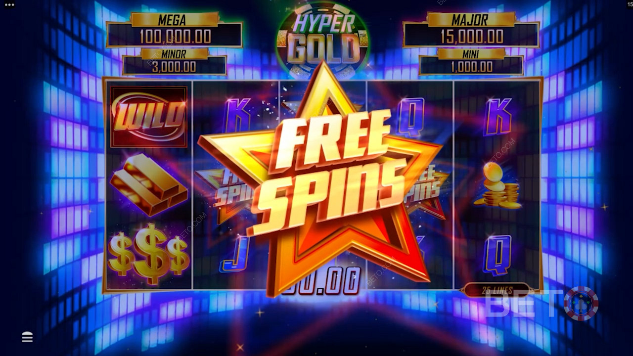 Tjäna free spins för att vinna enorma summor i Hyper Gold slot.