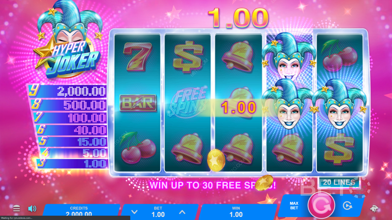 Spela free spins med multiplikatorer om du träffar tre bonussymboler eller får nio jokrar för att vinna högsta vinsten - 120 000 mynt.