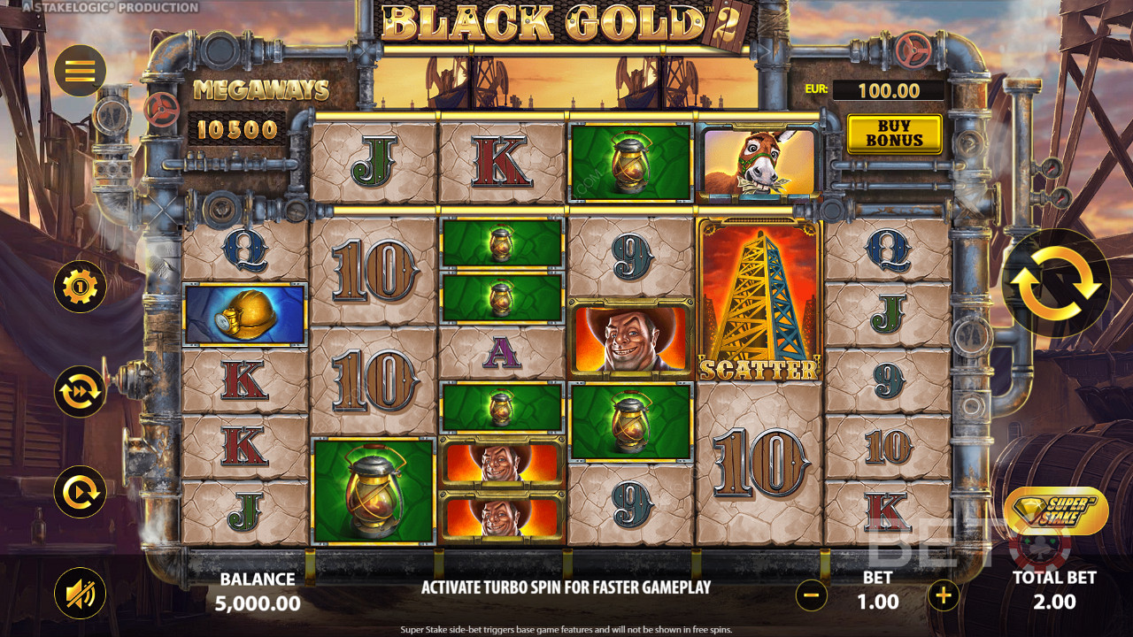Få 3 eller fler identiska symboler för att vinna i Black Gold 2 Megaways online slot.