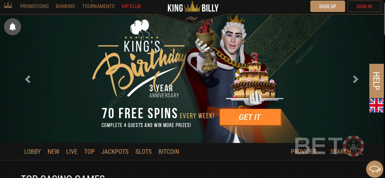 Få specialbonusar och free spins på King Billy Casino