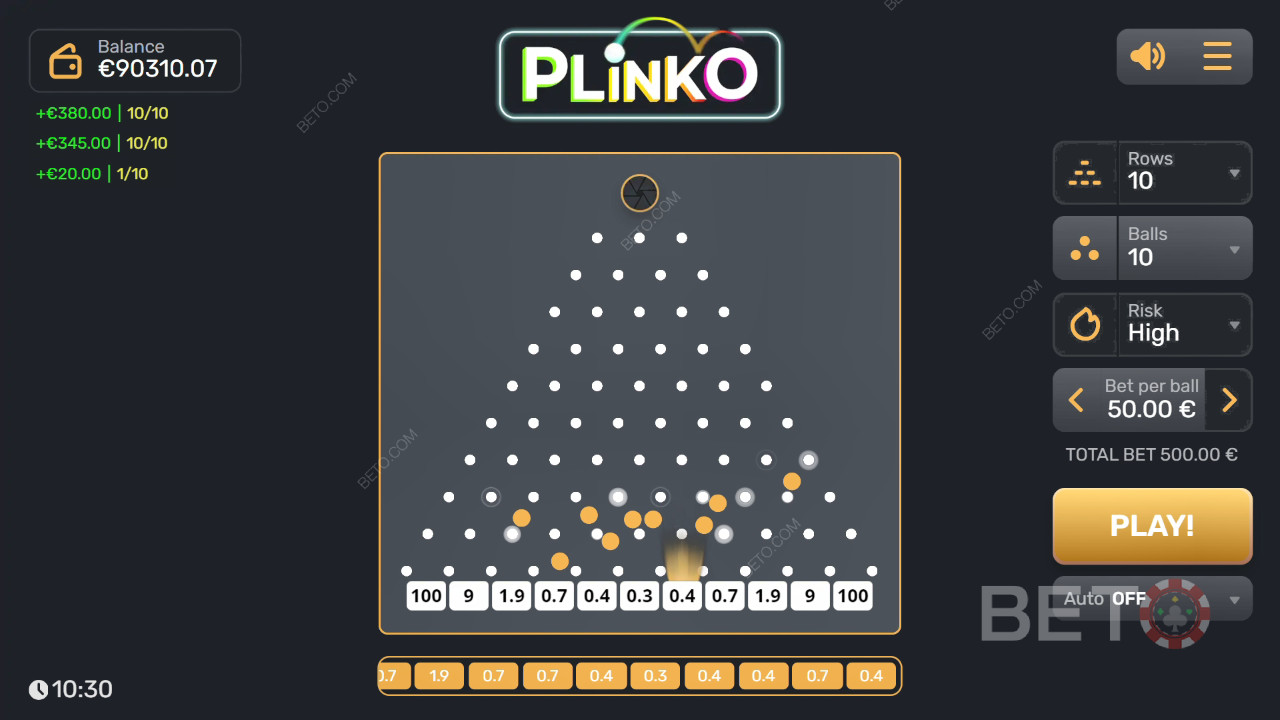 Vinn 3 200 gånger din insats i Plinko Slot!