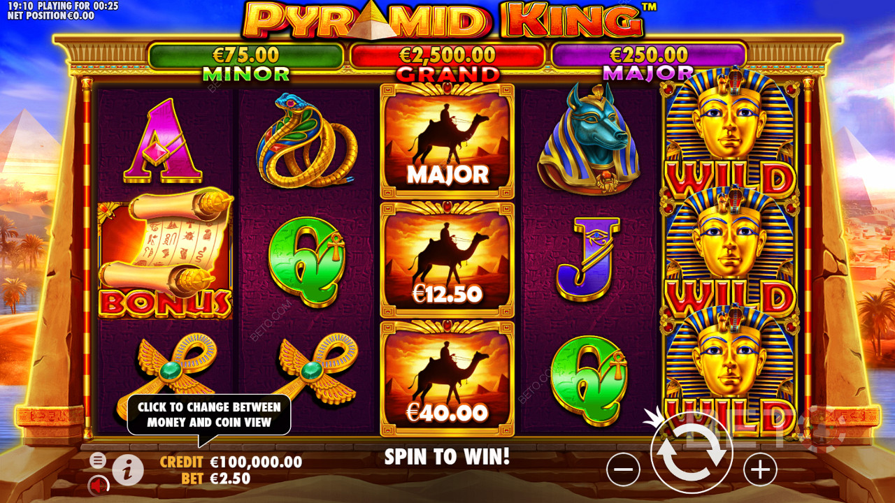 Njut av de egyptiska faraonernas ära och vinn kontantpriser i spelautomaten Pyramid King.